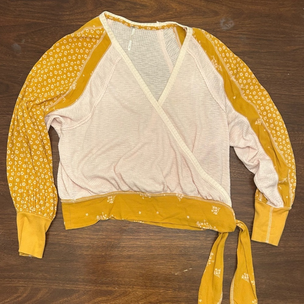 Free People Pink Waffle Knit Top with Mustard Floral Trim